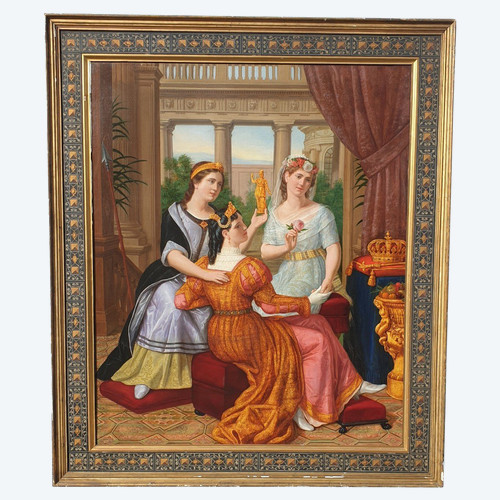 *Offre spéciale *Reines au Palais,  Grande Huile Sur Toile, XIXème Siècle