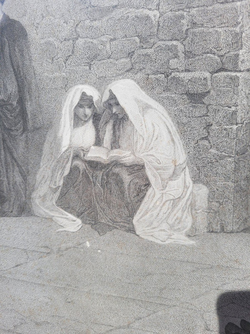Les Juifs devant le mur de Salomon, Gravure Encadrée, Alexandre Bida, XIXème Siècle