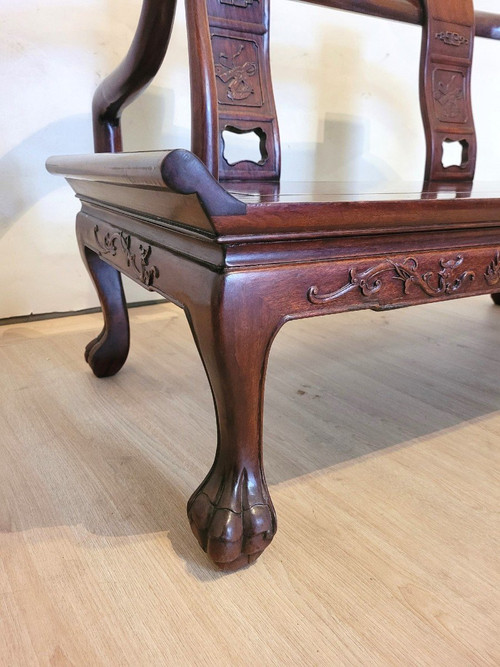 Panchina cinese in legno intagliato, fine XIX inizio XX secolo