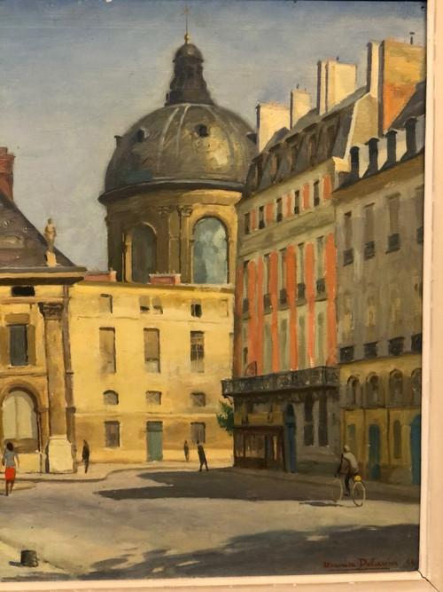 Maurice Delavier Vue de l’institut depuis le Quai Malaquais  Daté  1944 Huile Sur Isorel