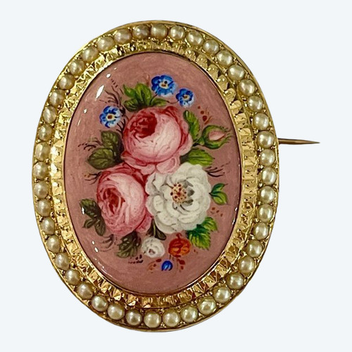 Gold, Enamel And Fine Pearl Brooch