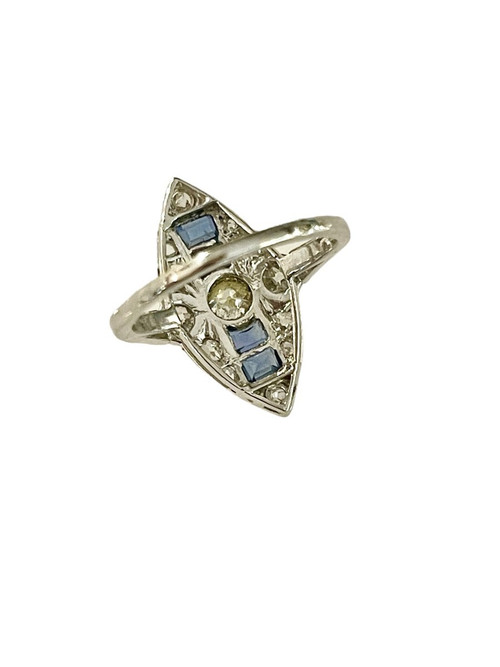 Bague Marquise En Platine, Diamants Et Saphirs