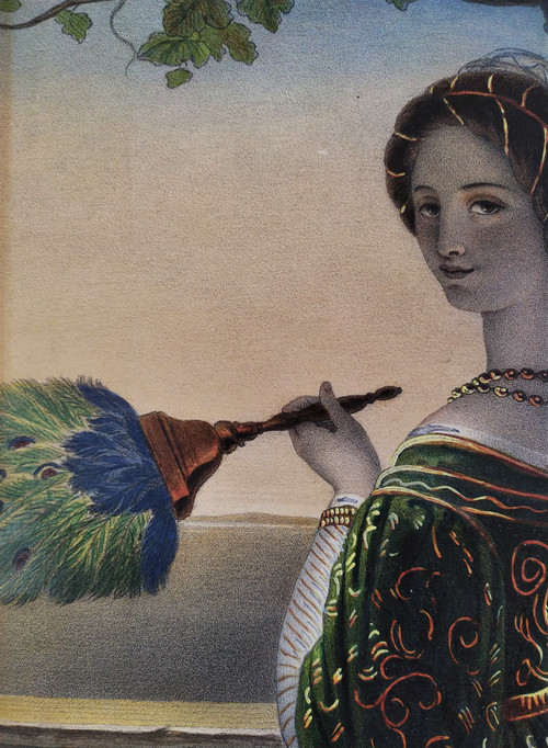 Lithographie Aquarellée Femme Italienne à l'éventail