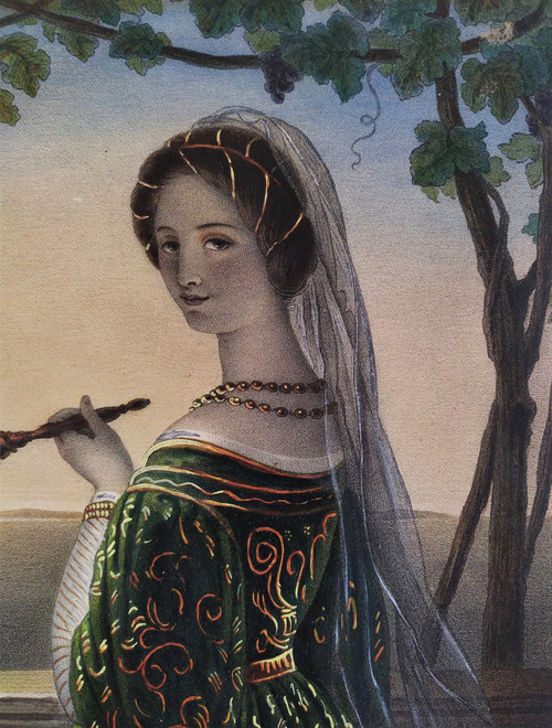 Lithographie Aquarellée Femme Italienne à l'éventail