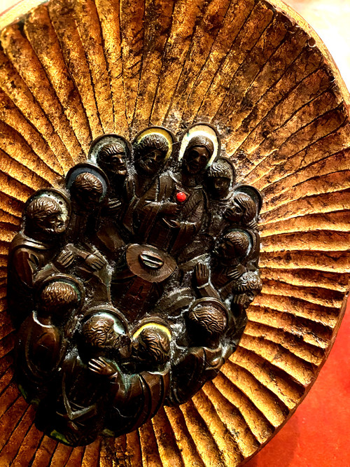 Decorative element featuring the image of Christ and his Apostles in patinated bronze with touches of colored enamel.