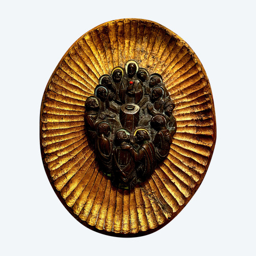 Decorative element featuring the image of Christ and his Apostles in patinated bronze with touches of colored enamel.