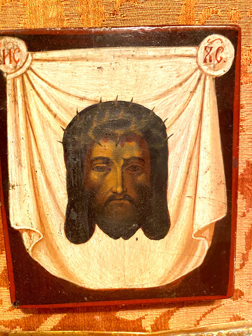 The face of Christ with the crown of thorns , very well framed 19th century icon painting
