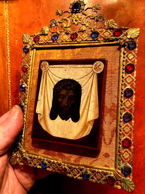 The face of Christ with the crown of thorns , very well framed 19th century icon painting