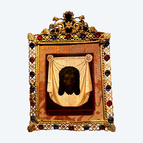 The face of Christ with the crown of thorns , very well framed 19th century icon painting