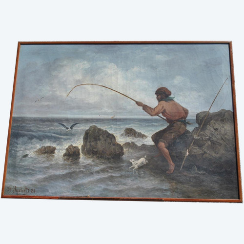 *Offre spéciale *Fischer an der Küste von Marseille, J Suchet, Öl auf Leinwand, 19. Jahrhundert