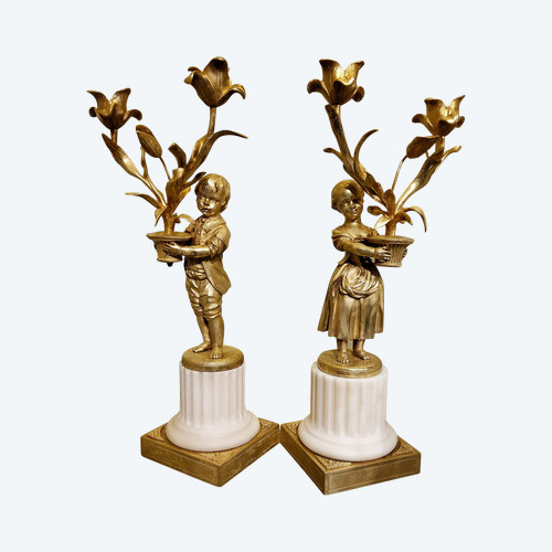 Pair of "Enfants Jardiniers" gilded bronze and marble Candelabras Late Louis XVI period