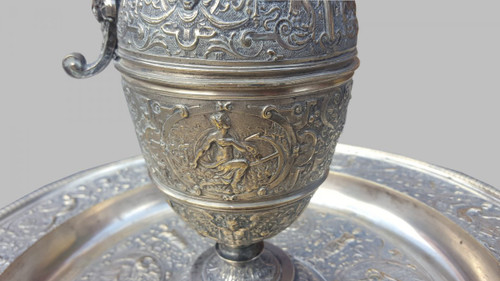 "Temperance" Ewer And Its Basin In Silver Bronze, After François Briot, 19th Century