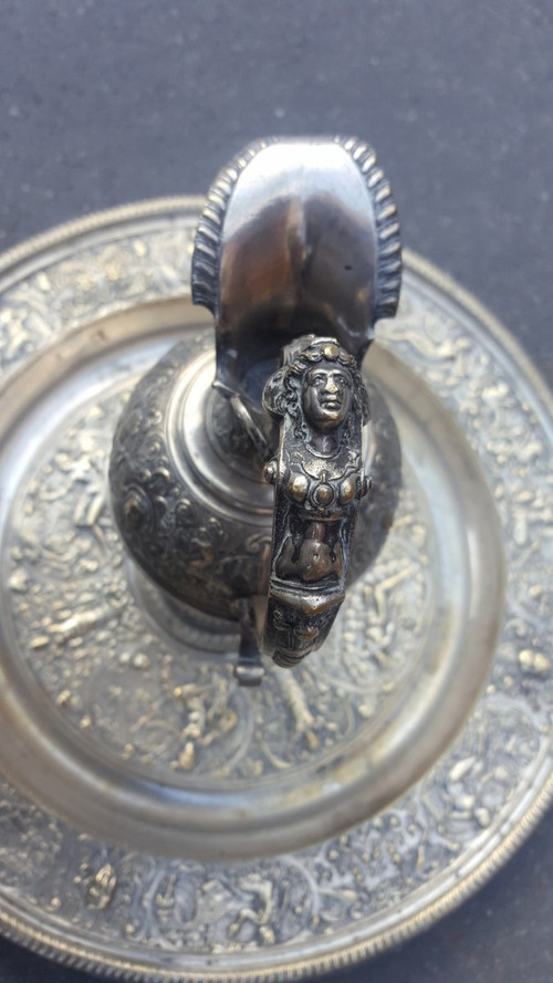 "Temperance" Ewer And Its Basin In Silver Bronze, After François Briot, 19th Century