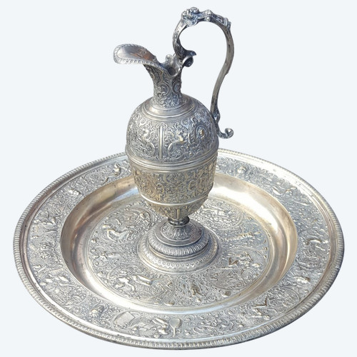 "Temperance" Ewer And Its Basin In Silver Bronze, After François Briot, 19th Century