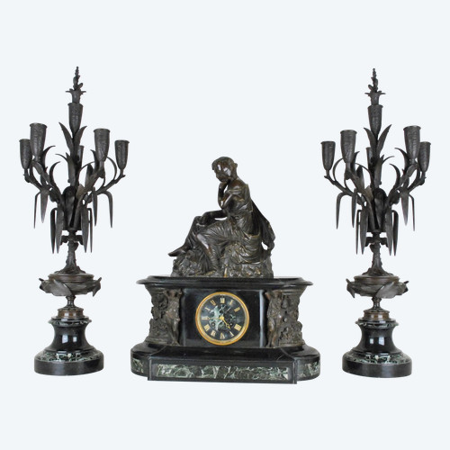 *Offre spéciale *James Pradier, Garniture De Nemausa, Bronze And Marble, 19th Century