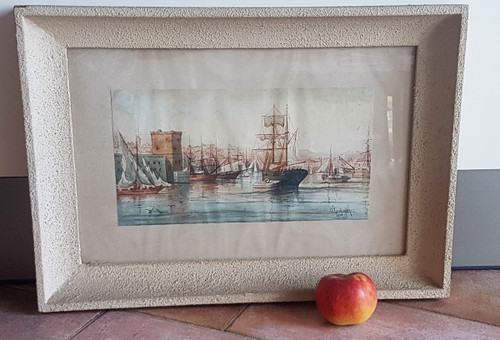 M Achard, Porto di Marsiglia - Fort Saint Jean, Acquerello firmato XIX secolo