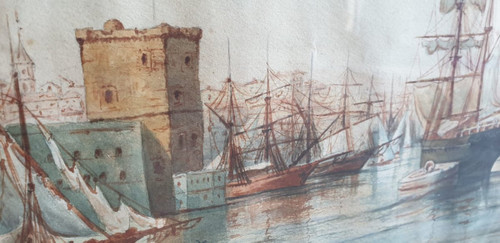 M Achard, Porto di Marsiglia - Fort Saint Jean, Acquerello firmato XIX secolo