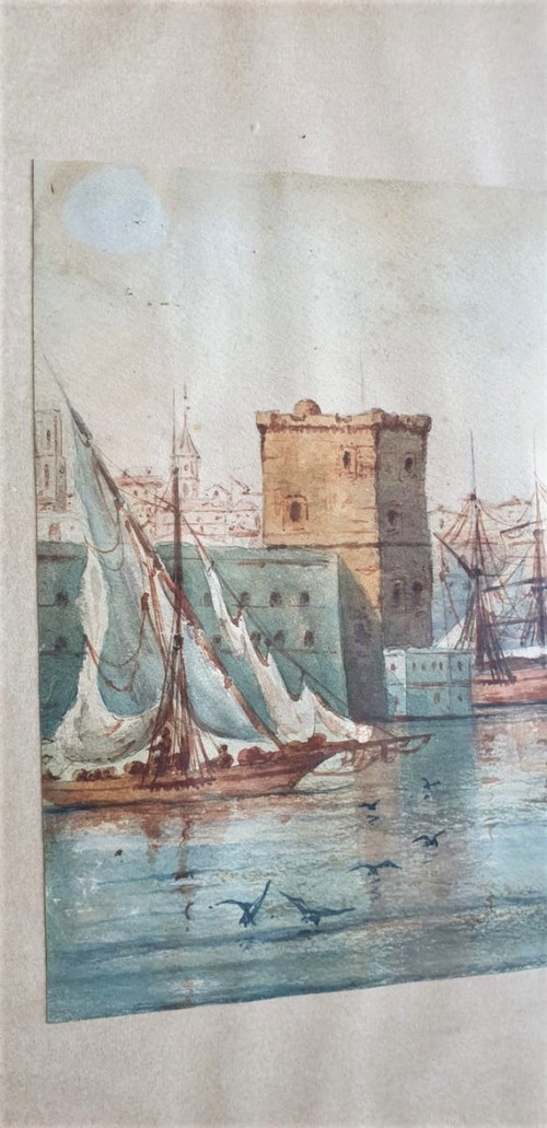 M Achard, Porto di Marsiglia - Fort Saint Jean, Acquerello firmato XIX secolo
