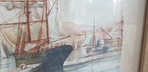 M Achard, Porto di Marsiglia - Fort Saint Jean, Acquerello firmato XIX secolo