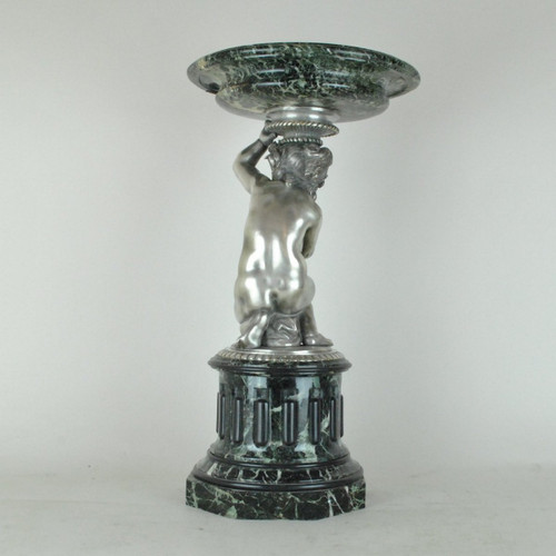 Coppa In Marmo E Putto In Bronzo Argentato, XIX Secolo