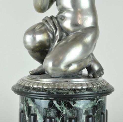 Coppa In Marmo E Putto In Bronzo Argentato, XIX Secolo