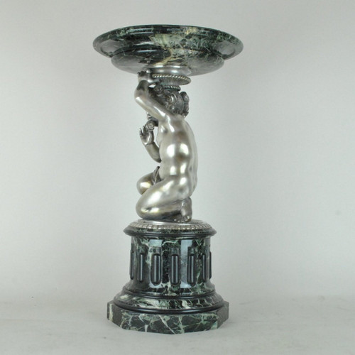 Coppa In Marmo E Putto In Bronzo Argentato, XIX Secolo