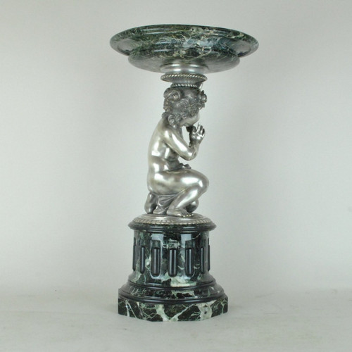Coppa In Marmo E Putto In Bronzo Argentato, XIX Secolo