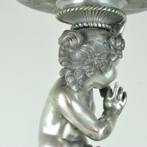Coppa In Marmo E Putto In Bronzo Argentato, XIX Secolo