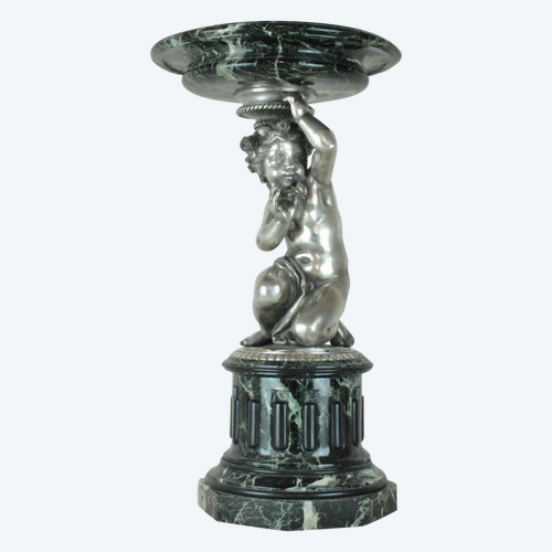 Coupe En Marbre Et Putto En Bronze Argenté, 19eme Siècle