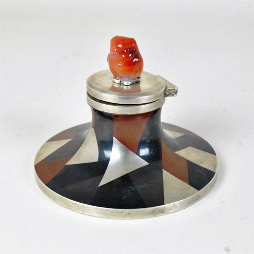 Inkwell And Matchbox In Enameled Silver Metal, Yamanaka, Art Deco 20th Century