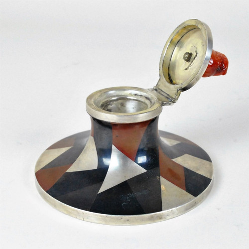 Inkwell And Matchbox In Enameled Silver Metal, Yamanaka, Art Deco 20th Century