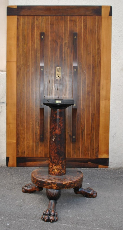 Tavolo "Campanino" in legno esotico intarsiato, firmato, XIX secolo