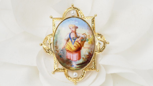 Brosche Anhänger Gelbgold, Perlen Und Porzellan