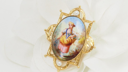 Brosche Anhänger Gelbgold, Perlen Und Porzellan