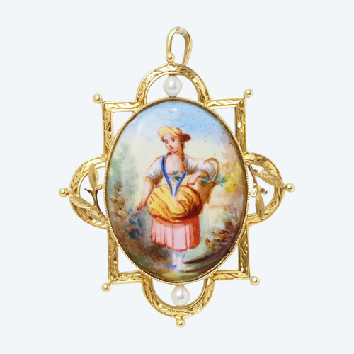 Brosche Anhänger Gelbgold, Perlen Und Porzellan