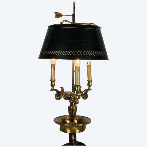 LAMPE BOUILLOTTE ANCIENNE EN BRONZE DORÉ A DECOR DE CYGNES / ABAT JOUR EN TÔLE