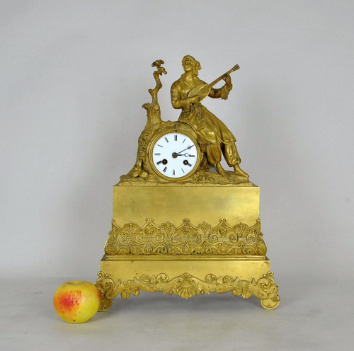 Gilt Bronze Clock, Greek With Lute, Restoration Period, 19th Century
