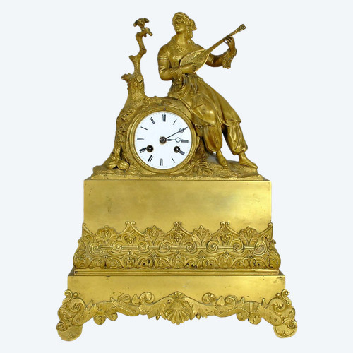 Gilt Bronze Clock, Greek With Lute, Restoration Period, 19th Century