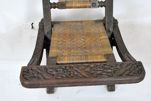 Folding Chair In Carved Exotic Wood And Canework, Asia, Late 19th/early 20th Century
