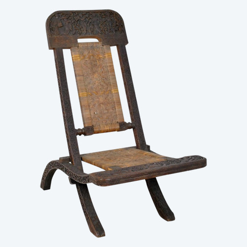 Folding Chair In Carved Exotic Wood And Canework, Asia, Late 19th/early 20th Century