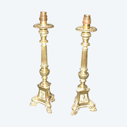 Pair of candlesticks mounted as bronze lamps from the early 20th century
