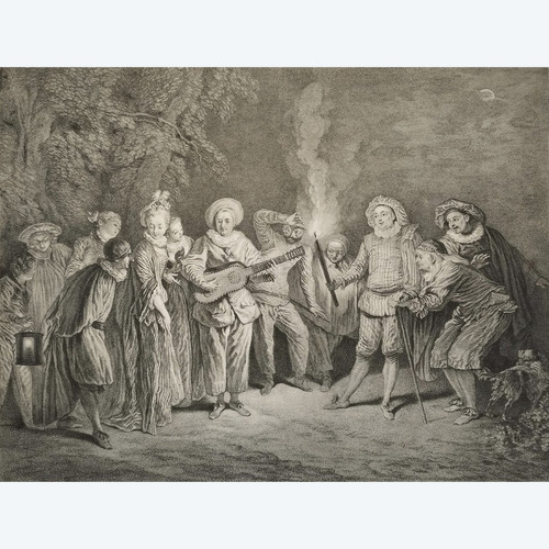 Etching Love At The Italian Theater  Engraving After Antoine Watteau 19th C Old Print