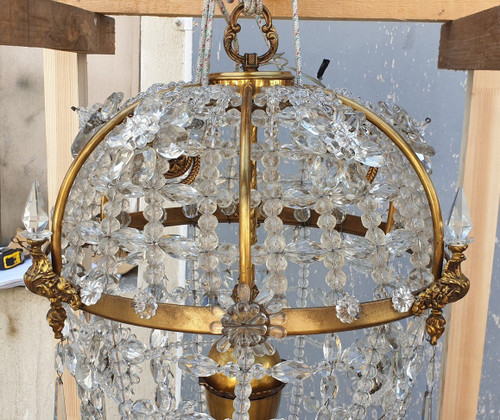 Large chandelier in the shape of a hot air balloon in bronze and crystal, 20th century