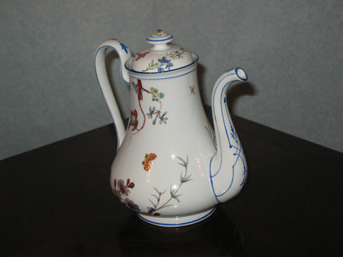 Coffee pot in fine Bordeaux earthenware, Nella decor with bird and flowers, Jules Vieillard period