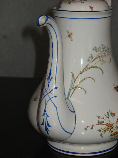 Coffee pot in fine Bordeaux earthenware, Nella decor with bird and flowers, Jules Vieillard period