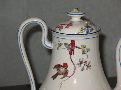 Coffee pot in fine Bordeaux earthenware, Nella decor with bird and flowers, Jules Vieillard period