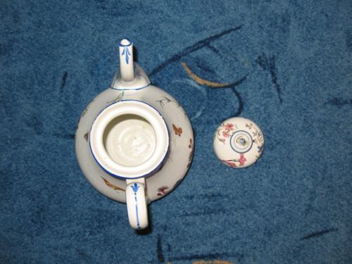 Coffee pot in fine Bordeaux earthenware, Nella decor with bird and flowers, Jules Vieillard period