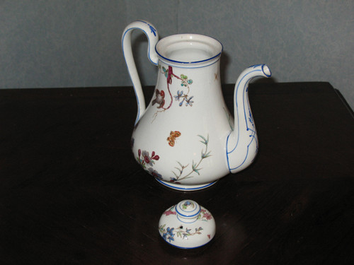 Coffee pot in fine Bordeaux earthenware, Nella decor with bird and flowers, Jules Vieillard period