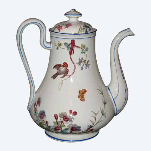 Coffee pot in fine Bordeaux earthenware, Nella decor with bird and flowers, Jules Vieillard period