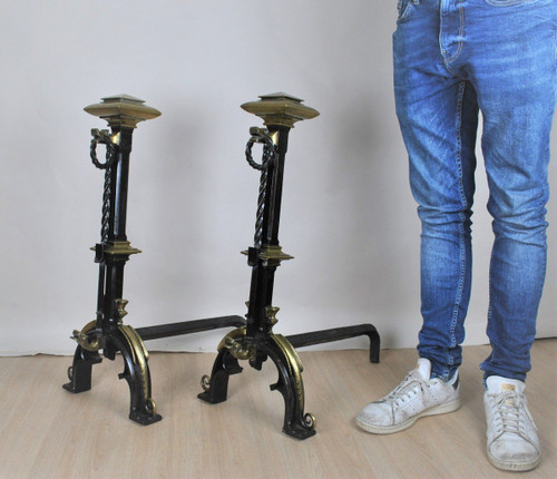 Paire De Chenets En Bronze Et Fer, Style Gothique, XIXème Siècle